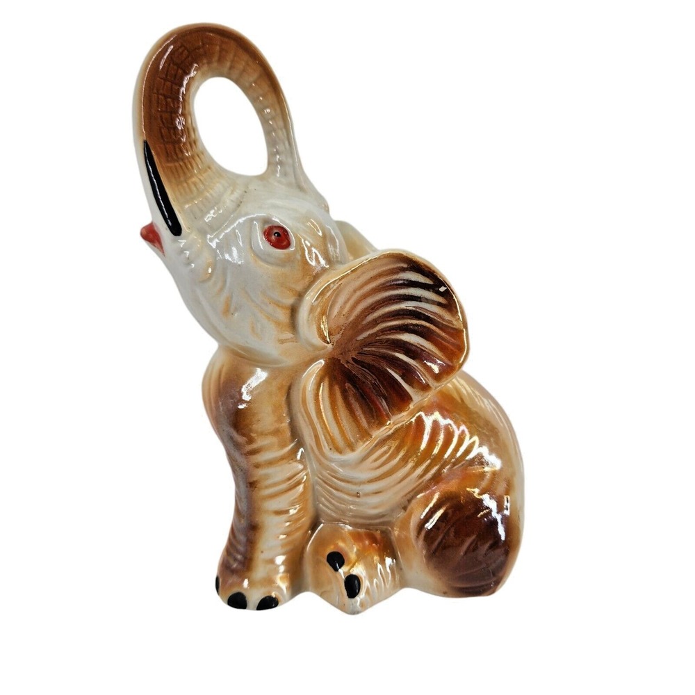 Vintage Ceramic Lusterware Elephant Figurine Decor Good Luck Sculpture Brazil